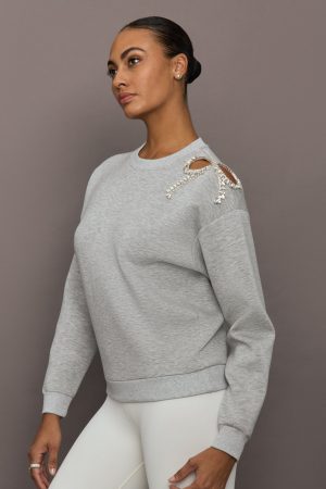 Bow Embellished Sweatshirt in Scuba - Heather Grey