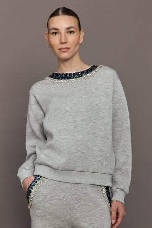 Jewel Embellished Sweatshirt in Scuba - Heather Grey