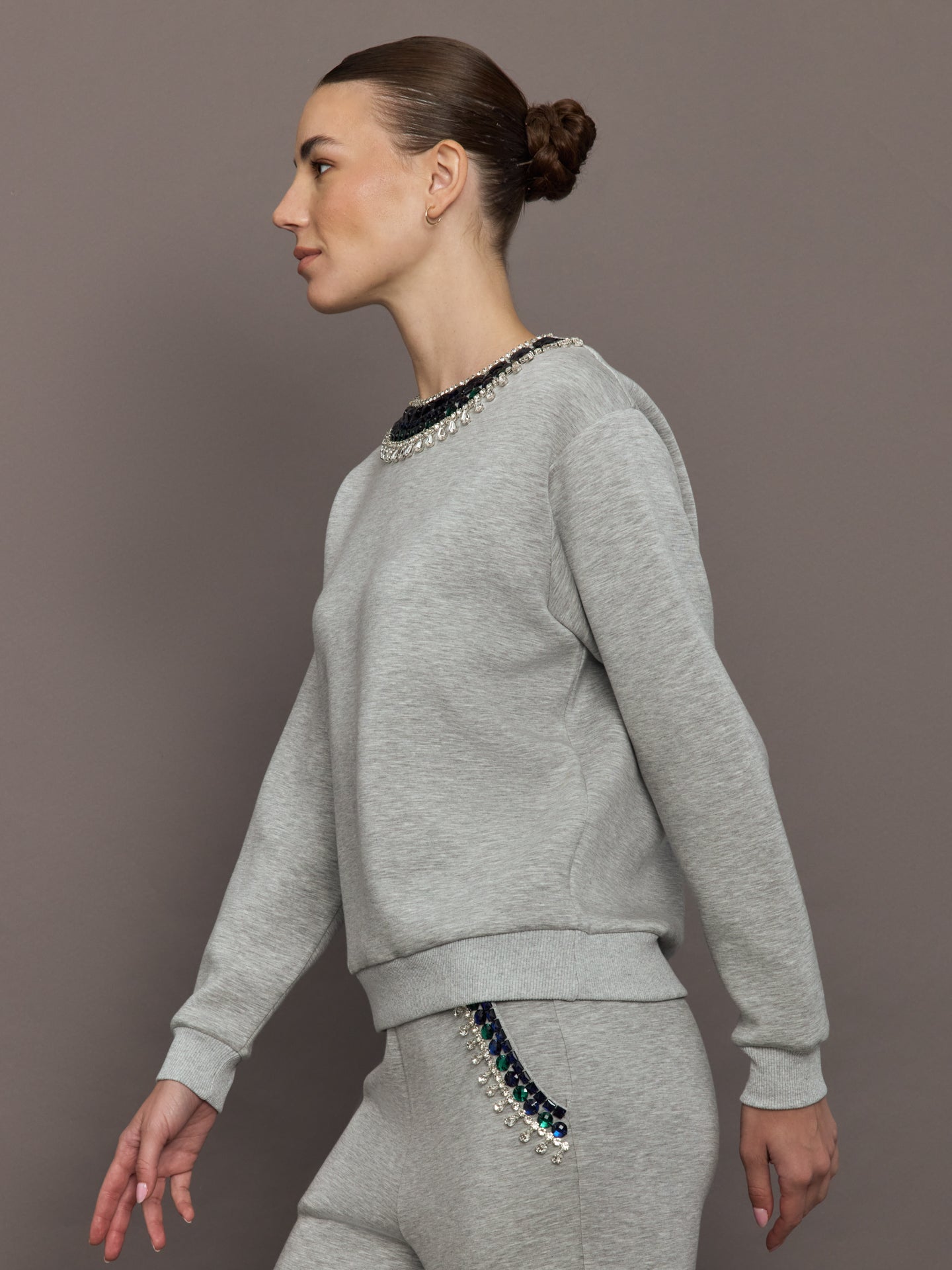 Jewel Embellished Sweatshirt in Scuba - Heather Grey - Image 4