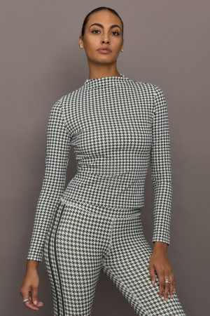 Houndstooth Mock Neck Top - Ivory / Faded Black