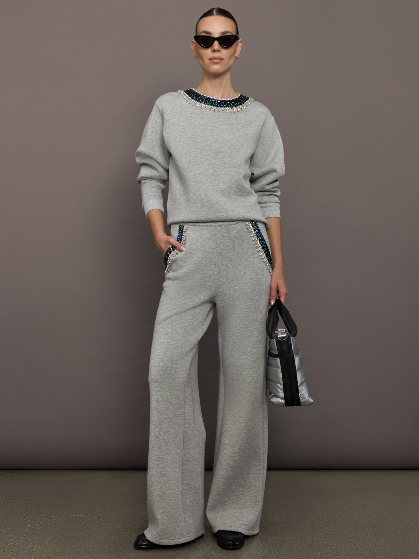 Jewel Embellished Sweatshirt in Scuba - Heather Grey - Image 3